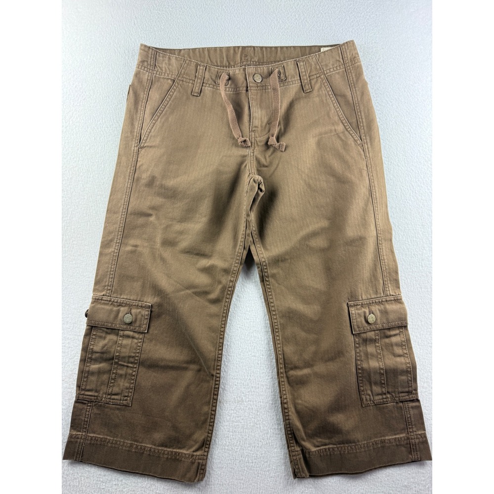 Levis Brown Herringbone Cotton Cargo Capri Pants Womens Size Small Drawstring
